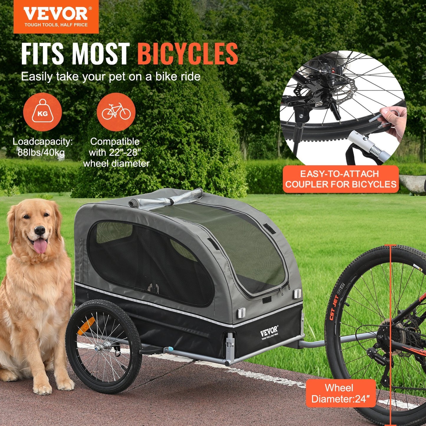 Dog Bike Trailer, Supports Up To 88 Lbs, Pet Cart Bicycle Carrier, Easy Folding Frame With Quick Release Wheels, Universal Bicycle Coupler, Reflectors, Flag, Collapsible To Store, BlackGray