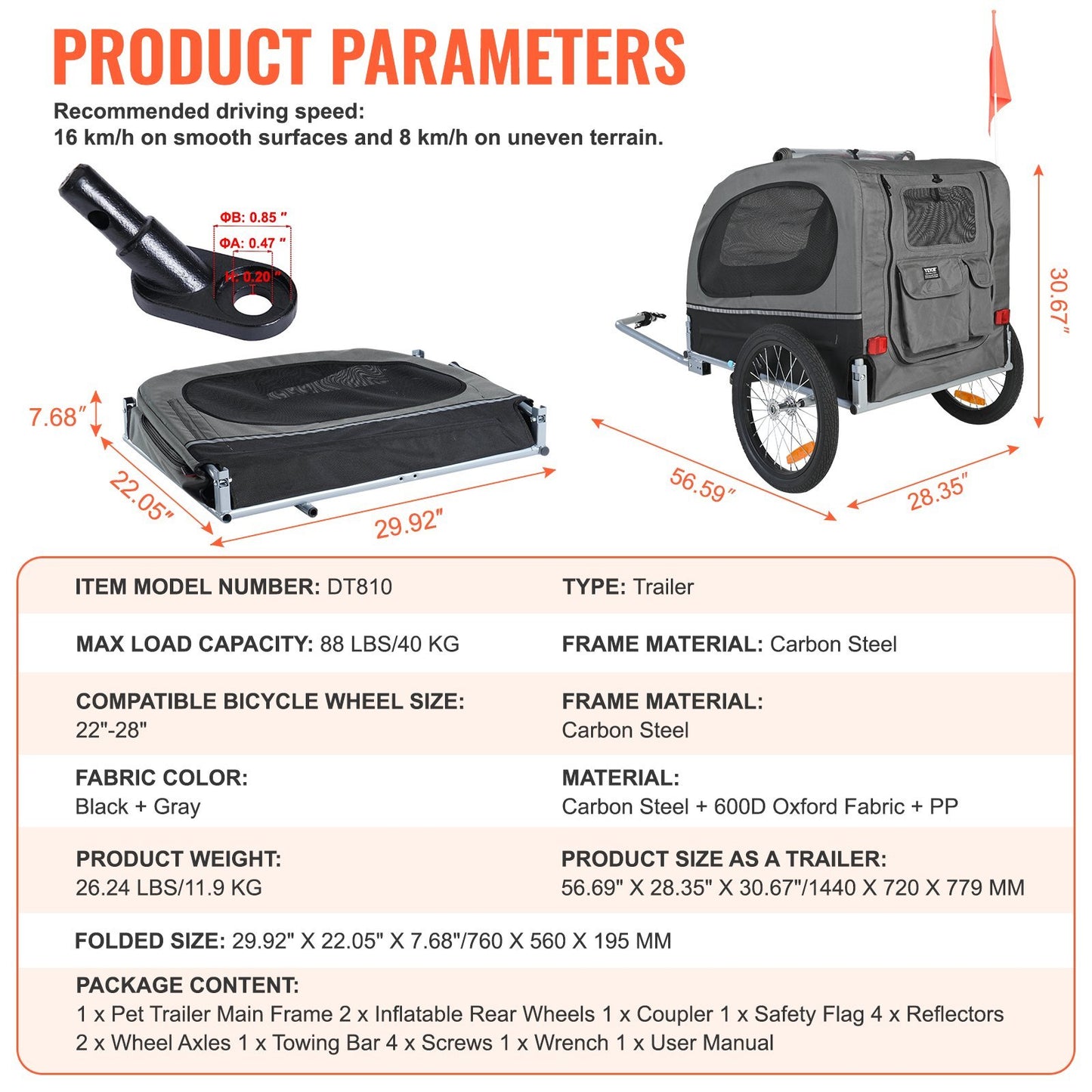 Dog Bike Trailer, Supports Up To 88 Lbs, Pet Cart Bicycle Carrier, Easy Folding Frame With Quick Release Wheels, Universal Bicycle Coupler, Reflectors, Flag, Collapsible To Store, BlackGray