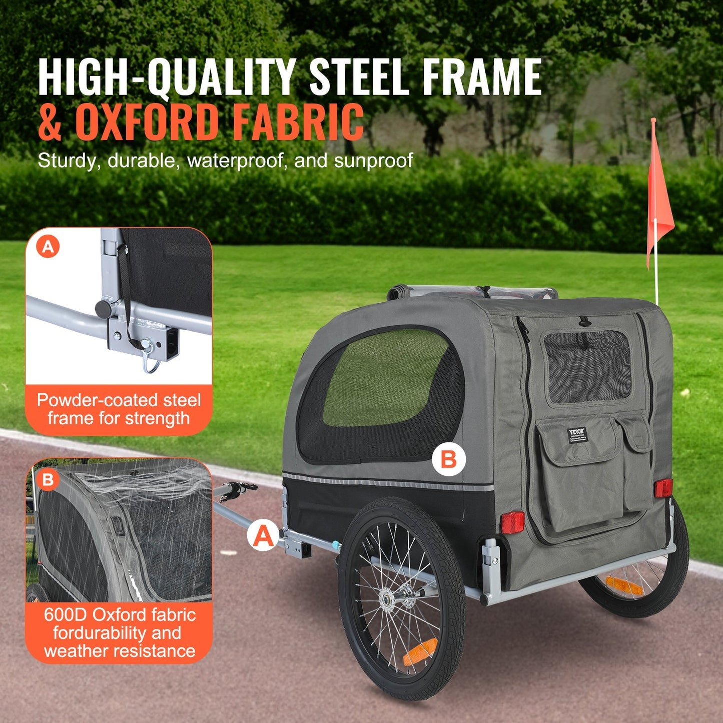 Dog Bike Trailer, Supports Up To 88 Lbs, Pet Cart Bicycle Carrier, Easy Folding Frame With Quick Release Wheels, Universal Bicycle Coupler, Reflectors, Flag, Collapsible To Store, BlackGray